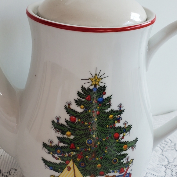 Cuthbertson American Christmas Tree Coffee Tea Pot Red Rim Wl Lid VTG  9" - Picture 5 of 9